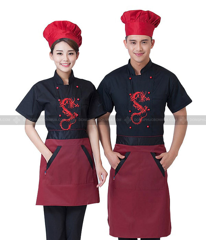 Đồng phục bếp màu đen phối tạp dề đỏ 4 Đồng phục bếp màu đen phối tạp dề đỏ
