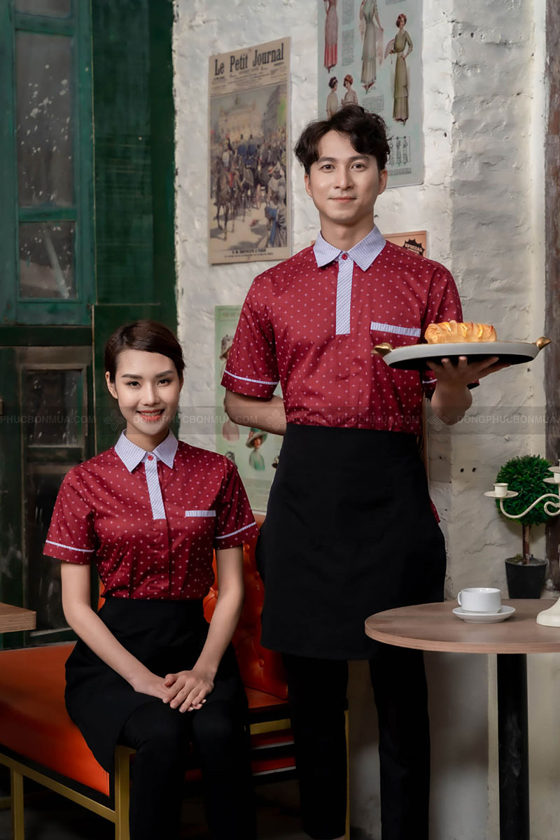 [Combo] Áo Đồng Phục Và Tạp Dề Nhân Viên , Màu Đỏ Phối Cổ Xanh & Đen Cho Nhà Hàng, Chất Cotton, Thoáng Mát