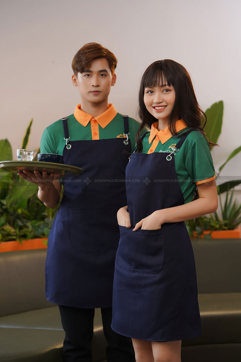 [Combo] Áo Đồng Phục Và Tạp Dề Nhân Viên , Xanh Lá Cây Đậm Cổ Phối Cam Cho Nhà Hàng, Chất Cotton/ Lacoste Co Giãn, Thoáng Mát