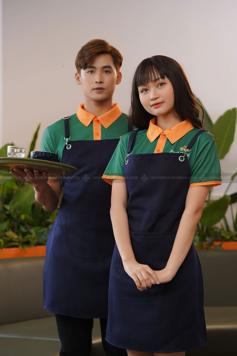 [Combo] Áo Đồng Phục Và Tạp Dề Nhân Viên , Xanh Lá Cây Đậm Cổ Phối Cam Cho Nhà Hàng, Chất Cotton/ Lacoste Co Giãn, Thoáng Mát