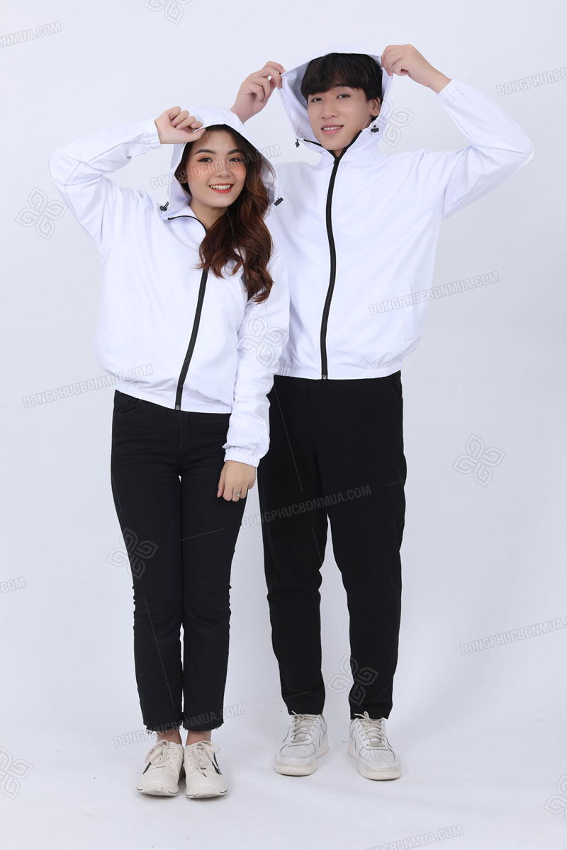 Áo khoác gió đồng phục có mũ màu trắng thiết kế basic