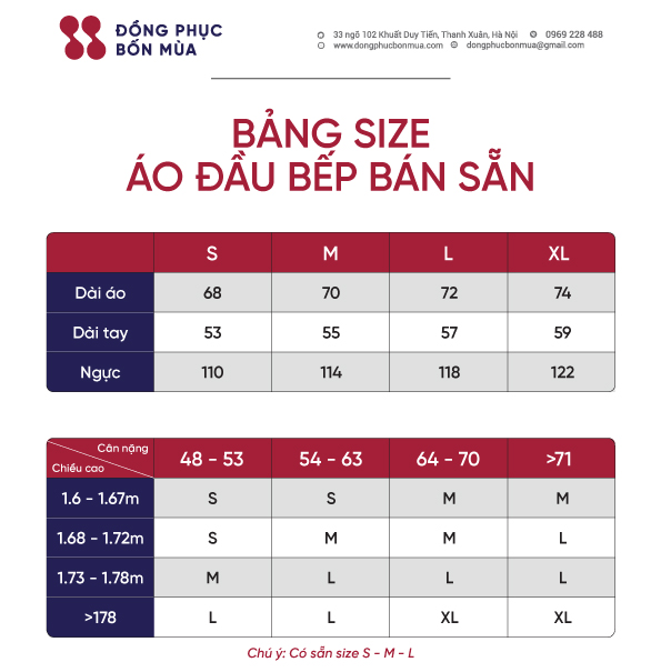 bảng size may áo đầu bếp