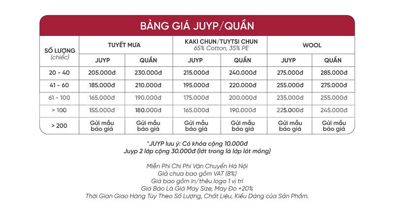 Bảng giá quần âu công sở tại đồng phục Bốn Mùa