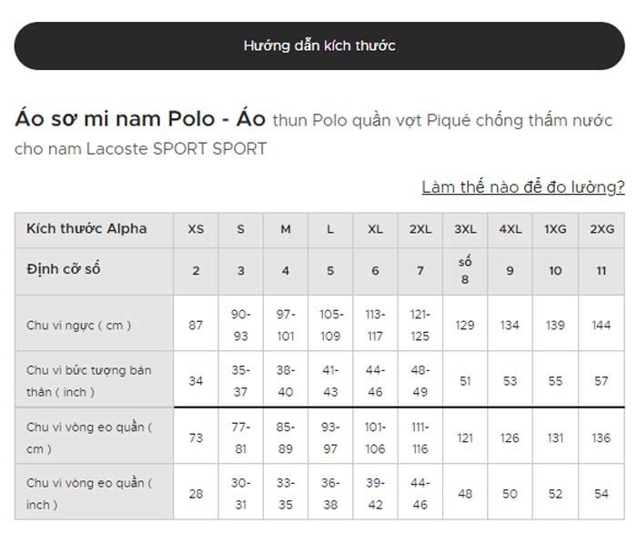 size áo thun nam theo chiều cao cân nặng