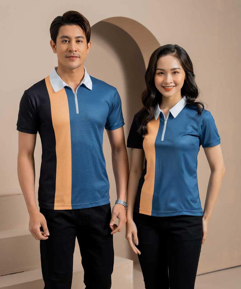Đồng phục áo phông doanh nghiệp màu xanh phối cam, đen 16 Chi tiết sản phẩm áo phông đồng phục công ty màu xanh phối cam đen