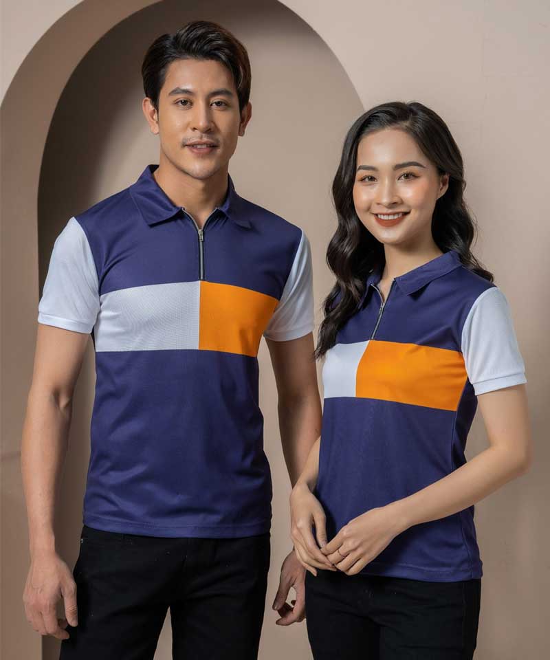Áo phông đồng phục doanh nghiệp màu xanh phối cam, trắng 12 Đánh giá sơ bộ về mẫu áo phông đồng phục doanh nghiệp