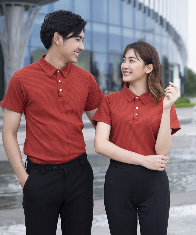 Áo đồng phục công ty màu đỏ cam, chất liệu thun gân 17 Màu sắc áo phông đồng phục doanh nghiệp