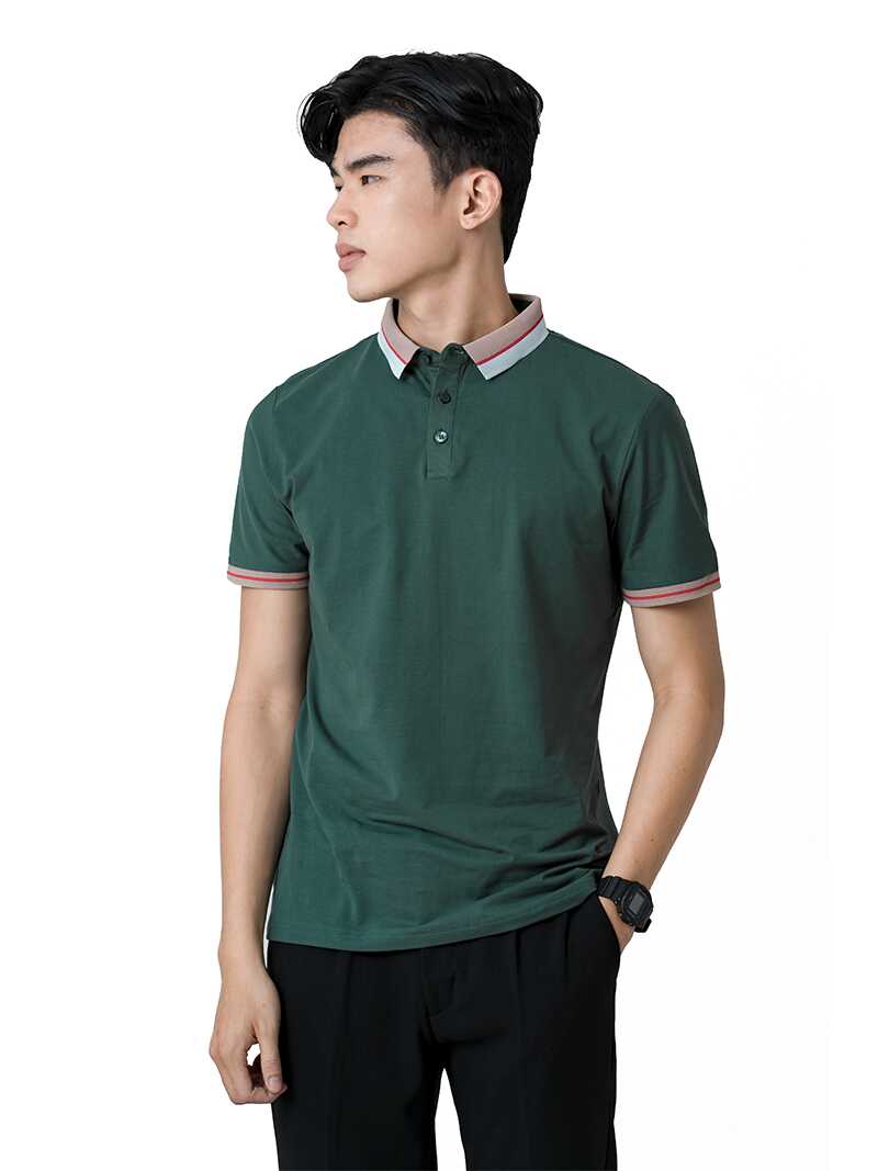 Mẫu thiết kế polo xanh rêu viền cổ và cánh tay