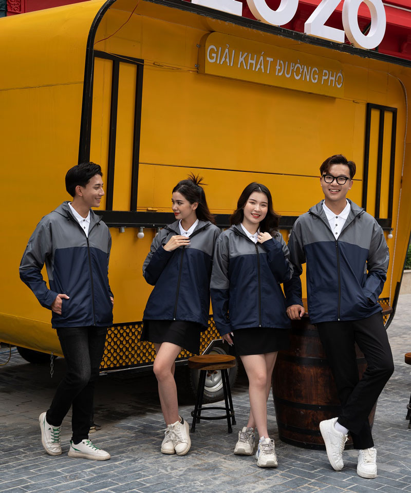 Áo khoác gió đồng phục Warm Up xanh than phối xám đậm có mũ - Hình 1