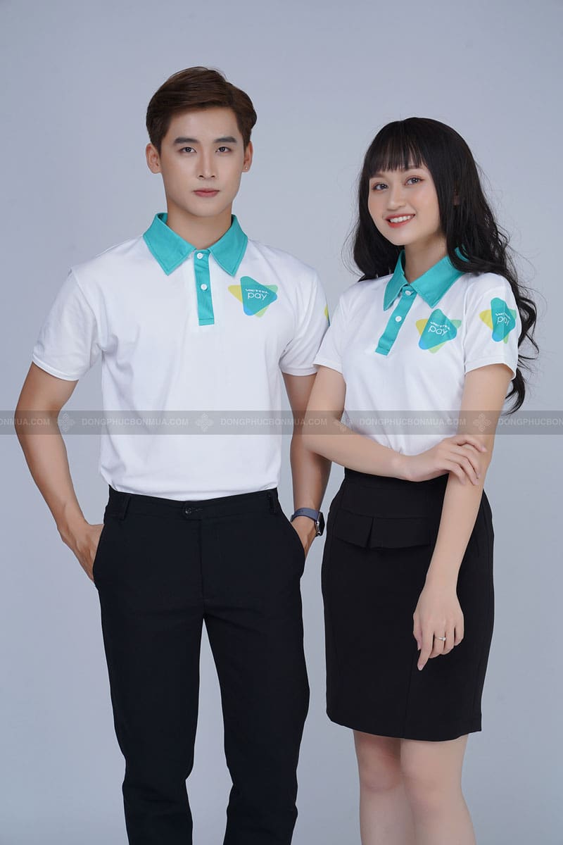 Áo polo đồng phục doanh nghiệp màu trắng phối cổ xanh nước biển