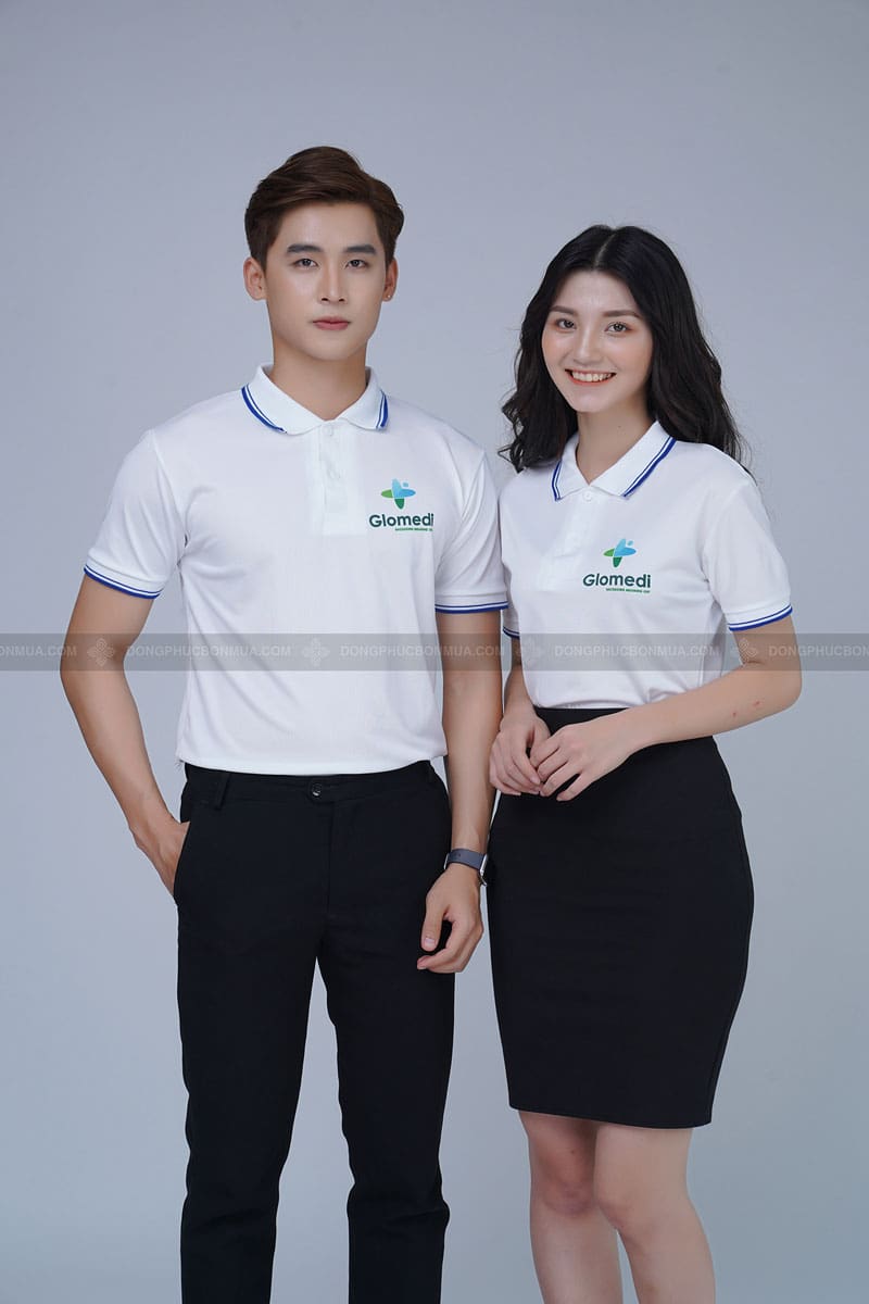 Áo polo đồng phục doanh nghiệp màu trắng phối cổ viền xanh