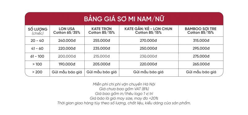 áo lớp sơ mi bảng size