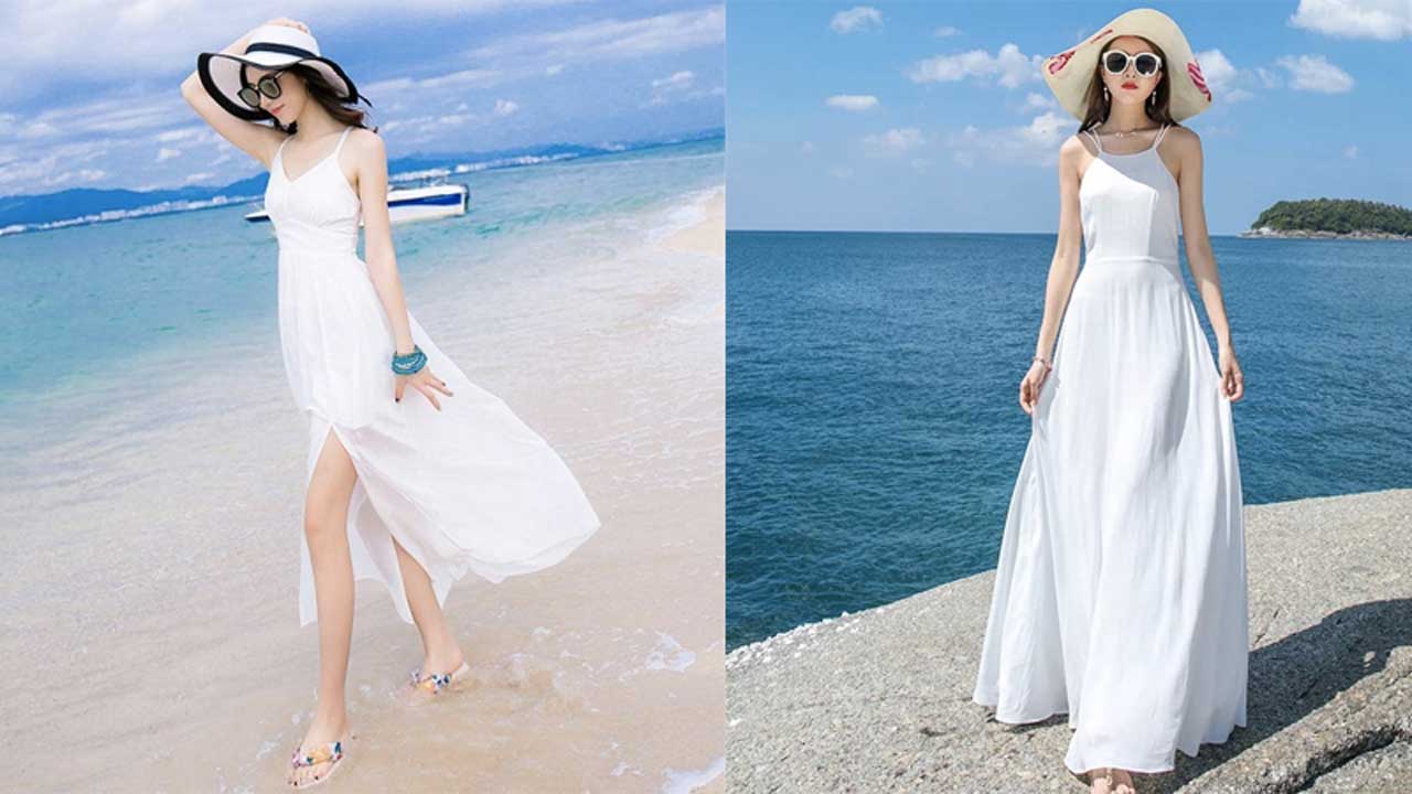 Thời trang váy trắng đi biển