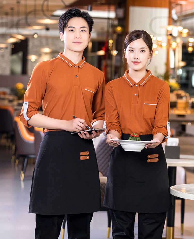Đồng phục nhà hàng nhân viên màu nâu cam 10 Chất liệu trang phục nhân viên nhà hàng màu nâu cam