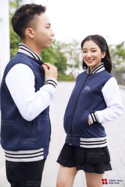 Đồng phục áo khoác bomber nỉ màu xanh tím than phối tay trắng 4 5 11