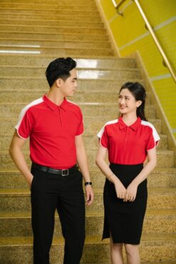 Áo phông đồng phục doanh nghiệp màu đỏ phối kẻ tay lịch thiệp 20 VIN 4574