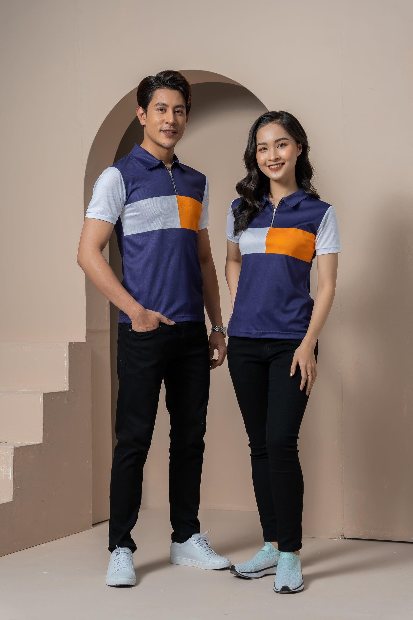Áo phông đồng phục doanh nghiệp màu xanh phối cam, trắng 2 Áo phông đồng phục doanh nghiệp màu xanh phối cam, trắng - Ảnh 2