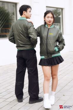 Áo khoác đồng phục gió bomber 2 lớp màu xanh rêu