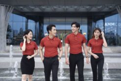 Áo đồng phục công ty màu đỏ cam, chất liệu thun gân 14 dong phuc bon mua ao polo do