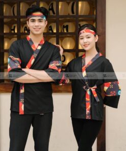 Đồng phục nhà hàng Nhật màu đen, họa tiết văn hóa nhật