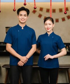 Áo đồng phục nhà hàng Tây Âu màu xanh dương thanh lịch, chất liệu mềm mịn