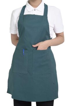 Tạp dề yếm cao cấp vải kaki trơn màu xanh phối 2 túi hộp 10 dong phuc tap de yem phoi hai tui hop