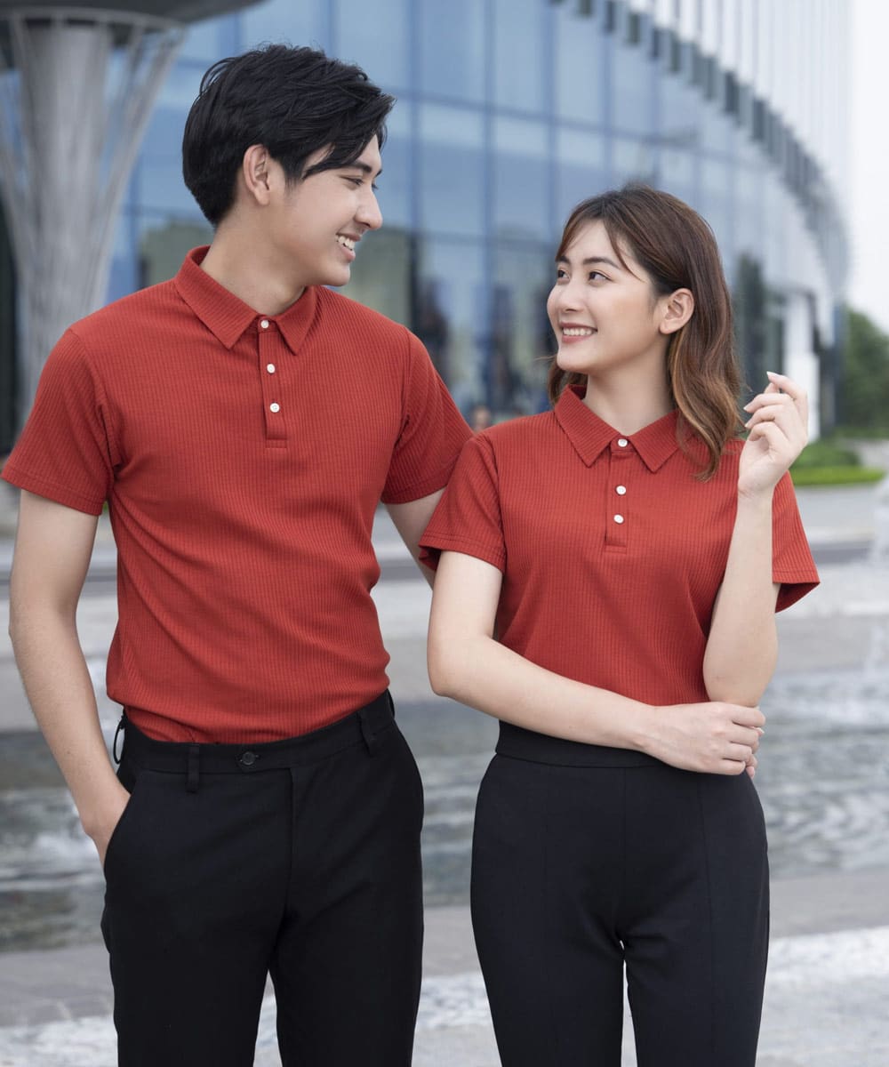 Áo đồng phục công ty màu đỏ cam, chất liệu thun gân 1 Áo đồng phục công ty màu đỏ cam, chất liệu thun gân