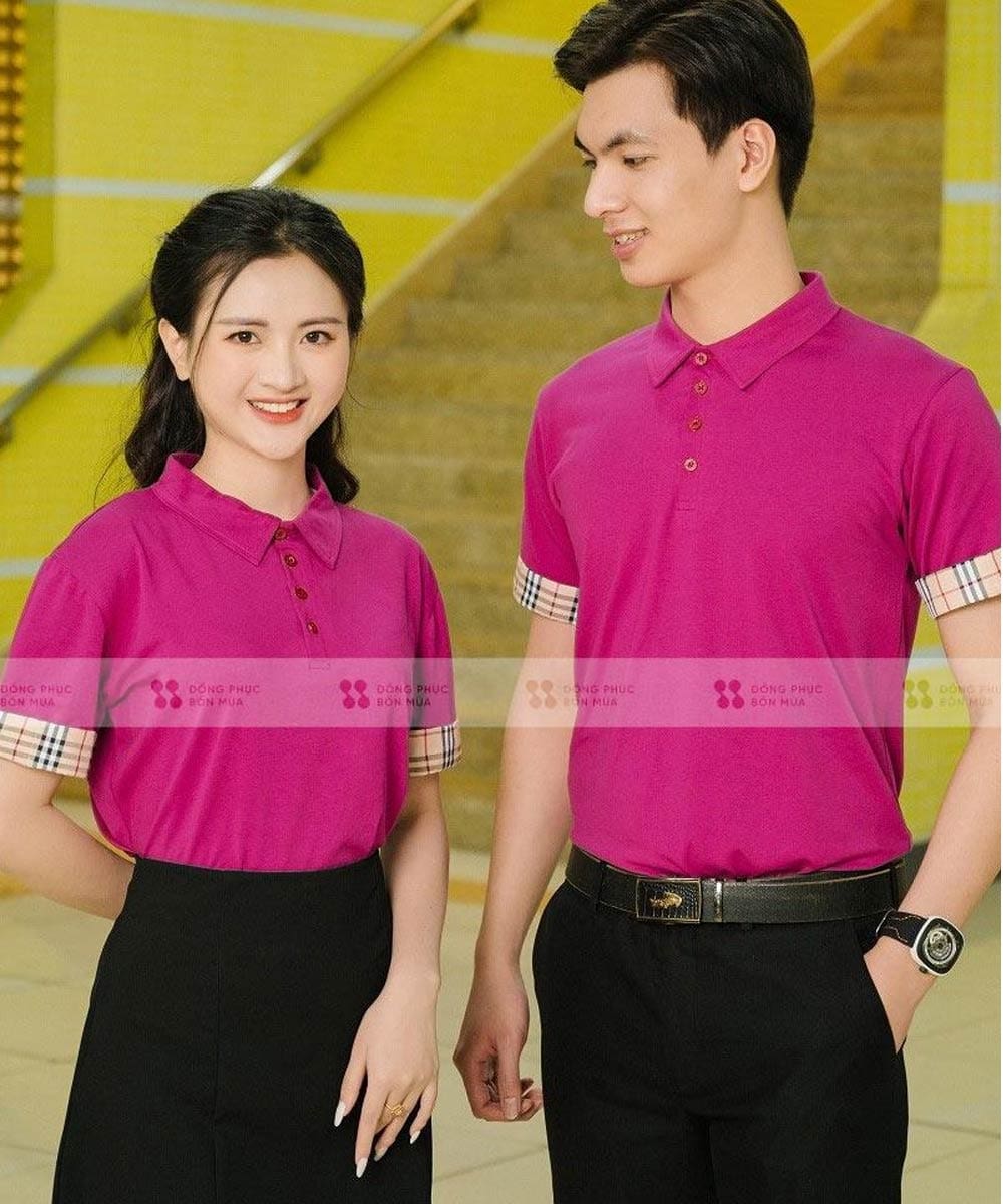 Áo thun đồng phục công ty màu hồng đậm phối kẻ tay 1 Áo thun đồng phục công ty màu hồng đậm phối kẻ tay