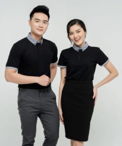 Đồng phục áo có cổ công ty màu đen, cổ họa tiết
