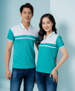 Doanh nghiệp áo thun đồng phục màu xanh phối trắng