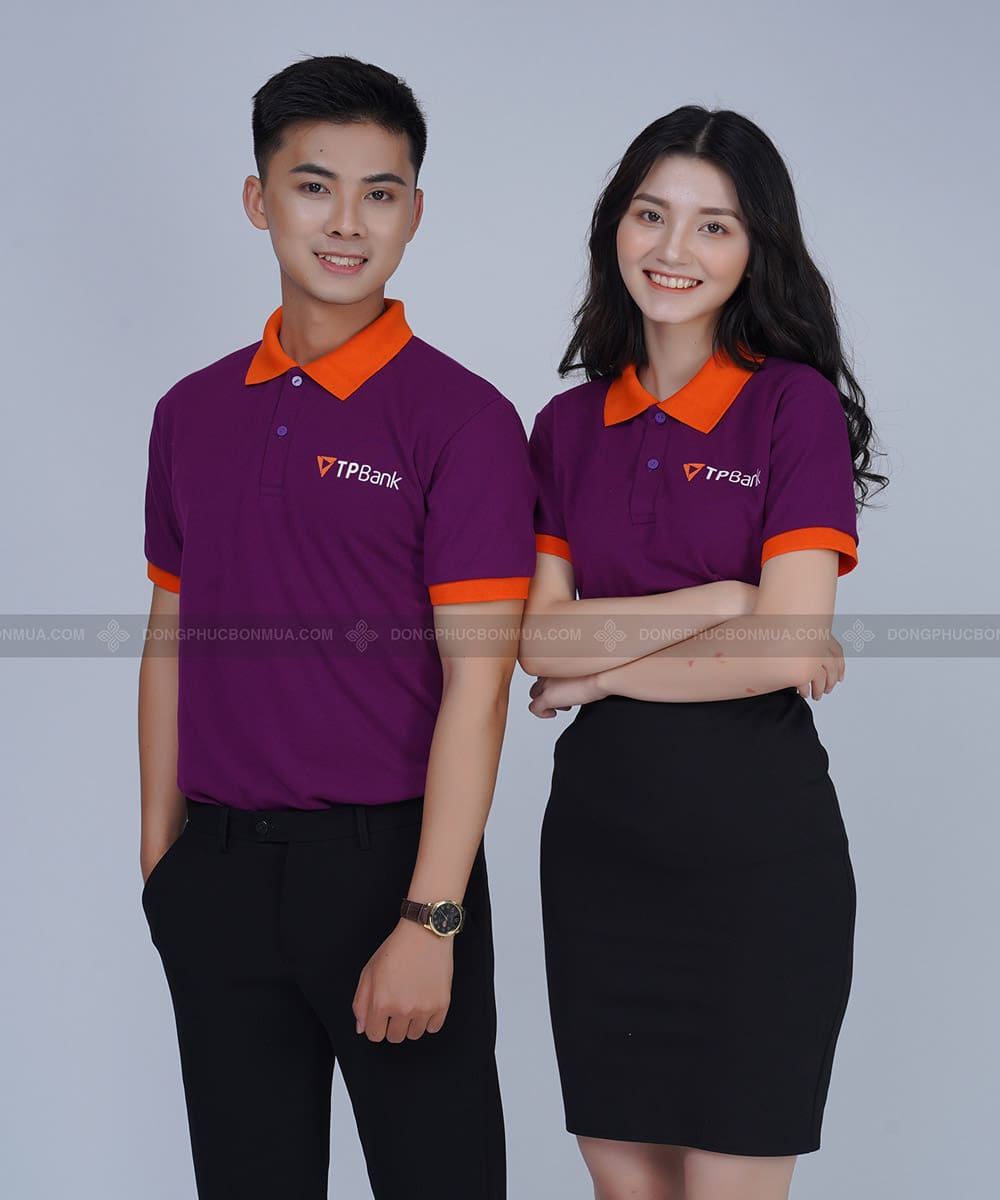 Áo thun đồng phục có cổ TP-Bank, Màu Tím Phối Cổ Cam 1 Áo thun đồng phục có cổ TP-Bank, Màu Tím Phối Cổ Cam