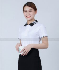 Áo thun đồng phục công sở có cổ trắng phối cổ caro trắng đen