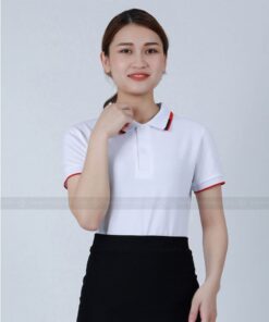 Đồng phục áo thun công sở trắng phối cổ trắng đen đỏ