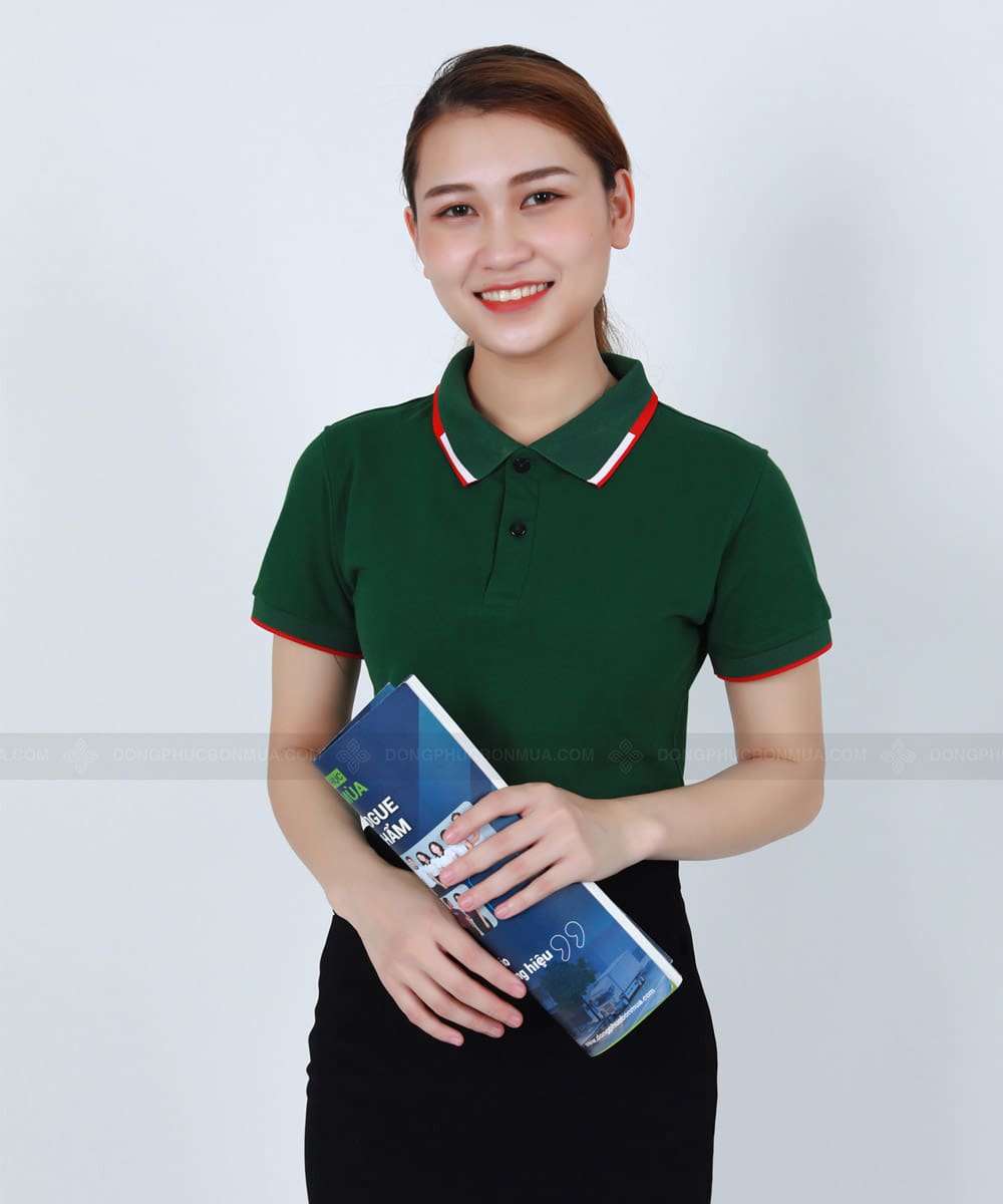 Áo phông đồng phục xanh lá phối cổ xanh đỏ trắng 1 Áo phông đồng phục xanh lá phối cổ xanh đỏ trắng