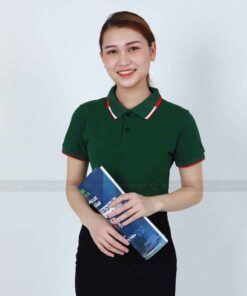Áo phông đồng phục xanh lá phối cổ xanh đỏ trắng 12 mau ban san ao polo xanh la phoi co xanh do trang 1