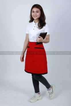 Chất liệu vải may tạp dề nửa người đỏ phối 2 túi vuông