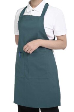 Tạp dề yếm cao cấp vải kaki trơn màu xanh phối 2 túi hộp 11 tap de yem xanh phoi hai tui